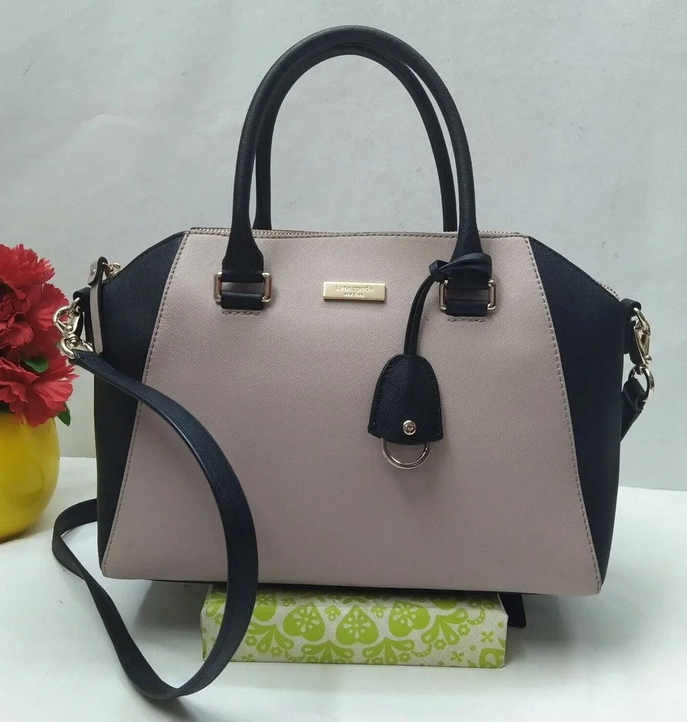 Kate Spade Tilden Colorblock Beige Black Leather Double Handles Satchel Bag
